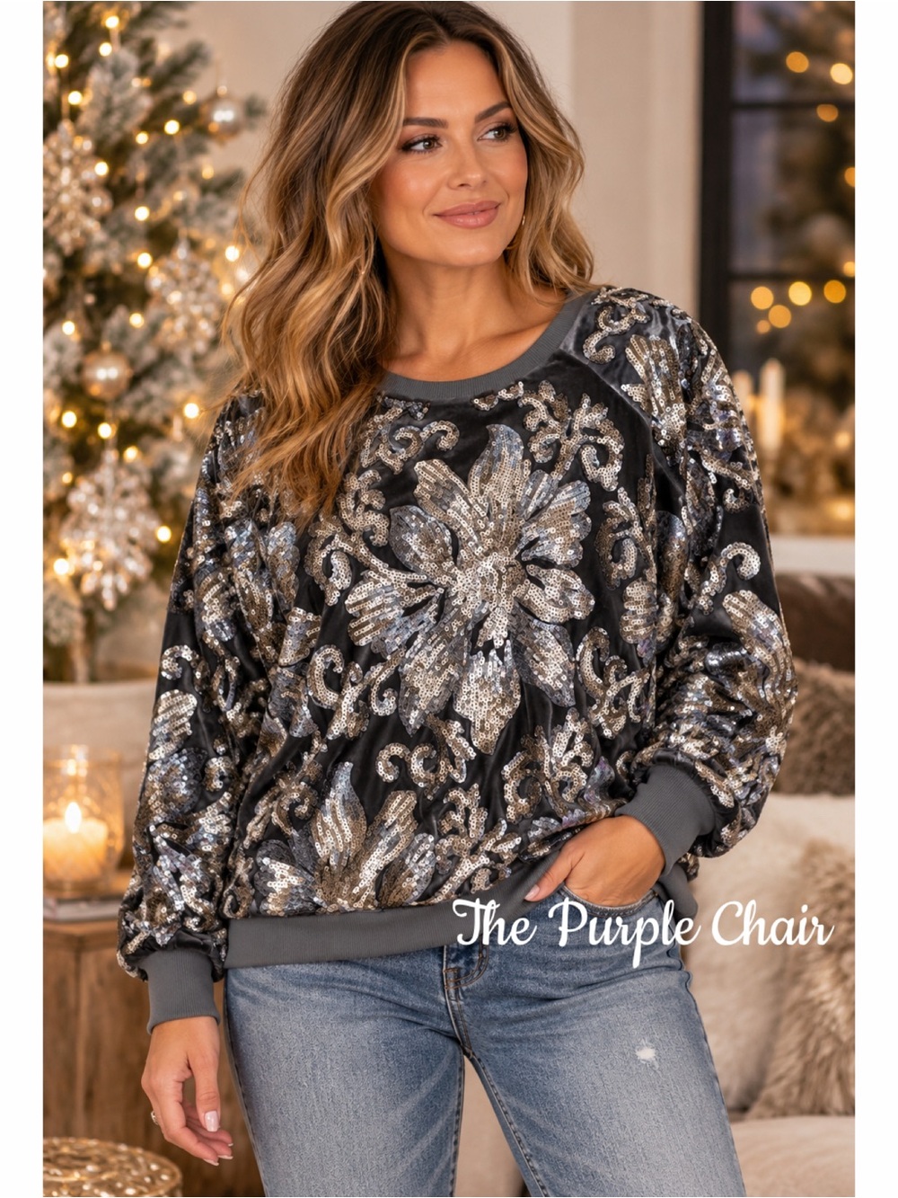 SOFT SURROUNDINGS NWT Long Sleeve Sequin Floral Velour Pullover XL